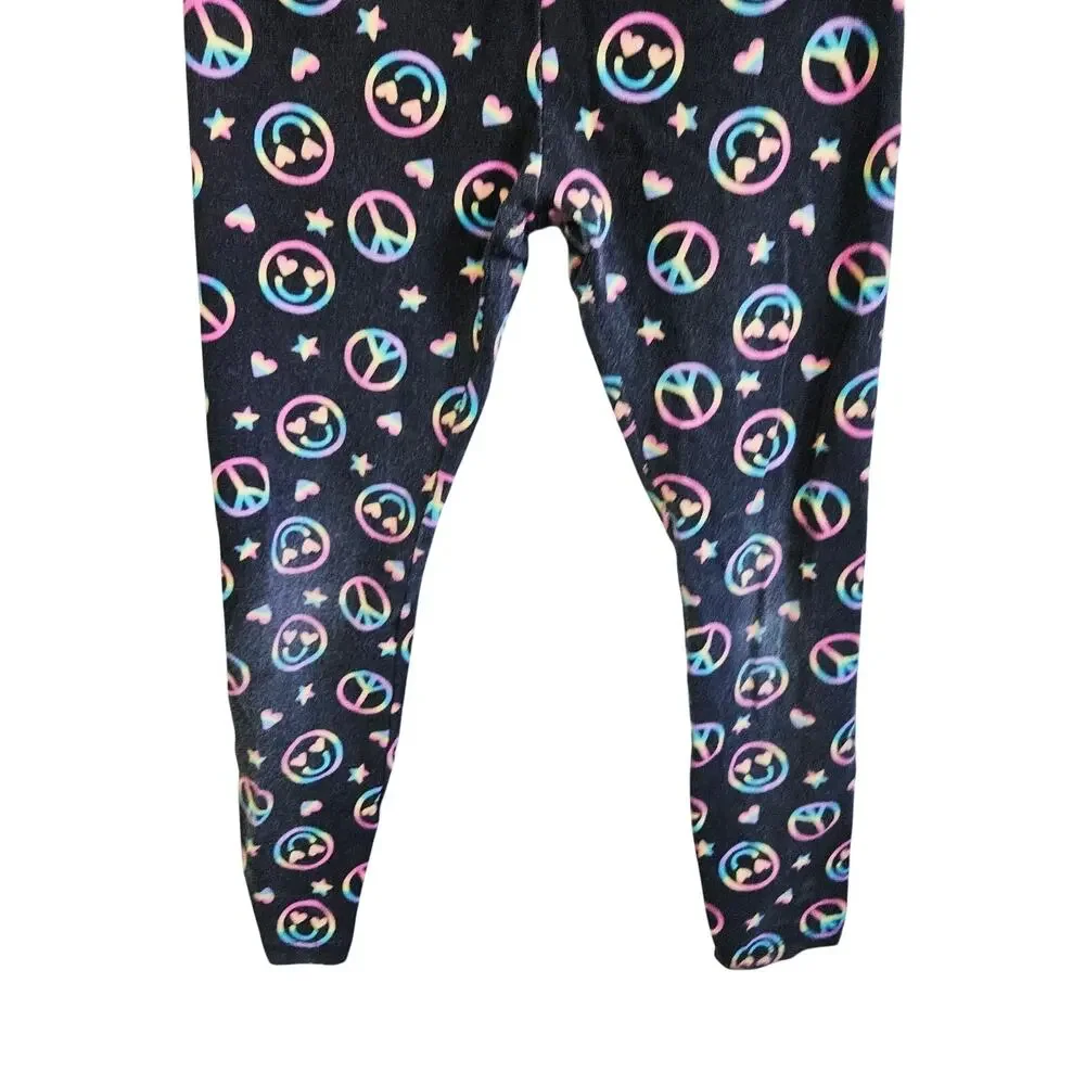 Children's Place Girls Size M Leggings Black Neon Rainbow Emoji Stars Peace Sign